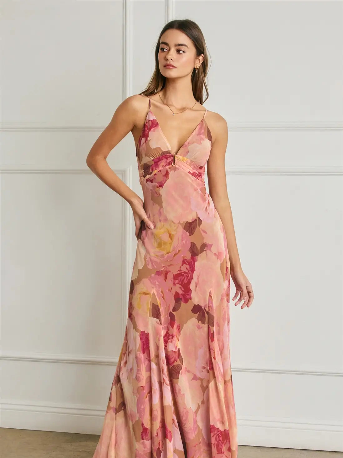 Bold Floral Chiffon Frilly Hem Maxi Dress