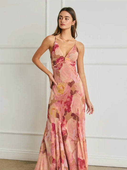 Bold Floral Chiffon Frilly Hem Maxi Dress