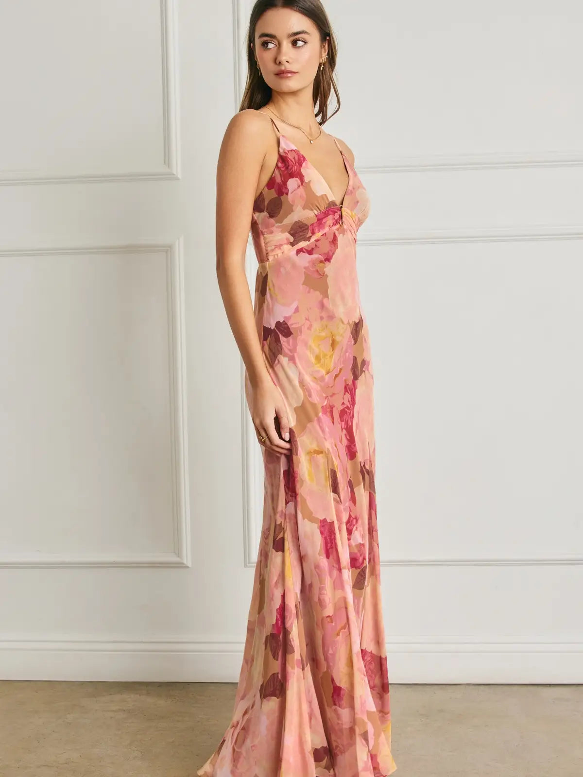 Bold Floral Chiffon Frilly Hem Maxi Dress