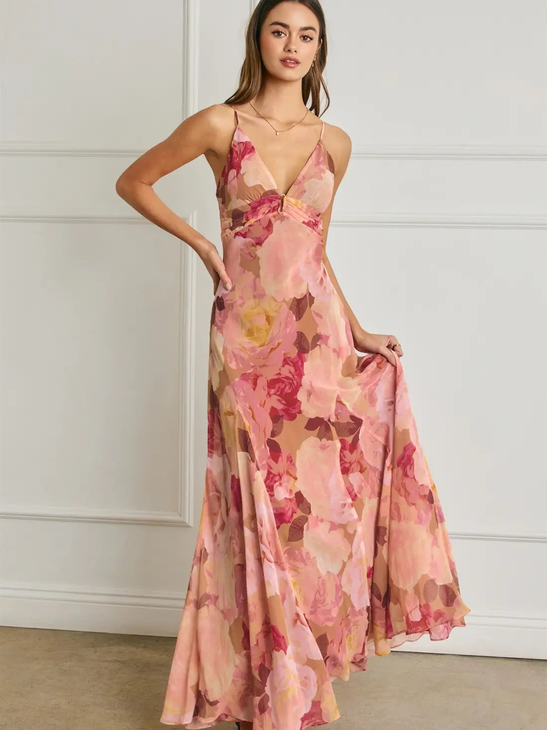 Bold Floral Chiffon Frilly Hem Maxi Dress