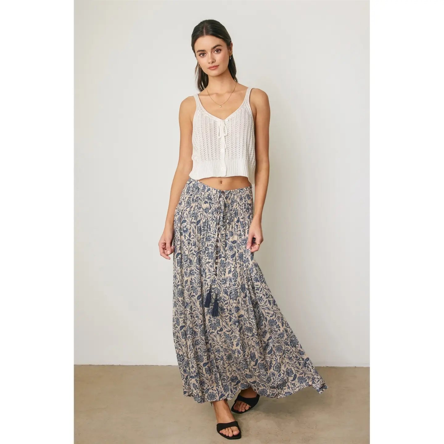 Paisley Floral Smocked Hip Midi Skirt