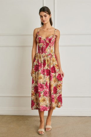 Floral Bow Tie Corset Midi Dress