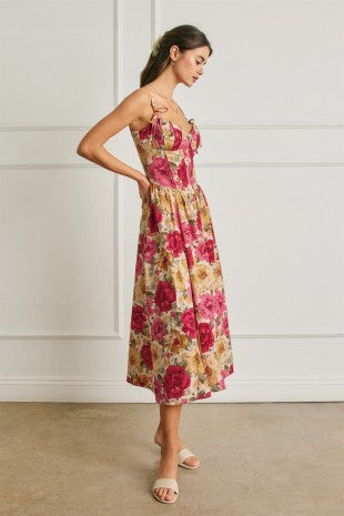 Floral Bow Tie Corset Midi Dress