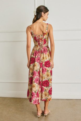 Floral Bow Tie Corset Midi Dress