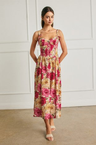 Floral Bow Tie Corset Midi Dress