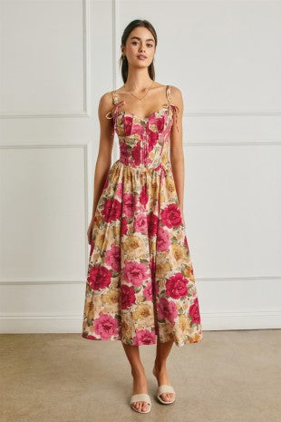 Floral Bow Tie Corset Midi Dress