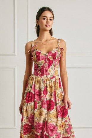 Floral Bow Tie Corset Midi Dress