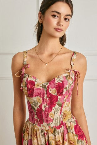 Floral Bow Tie Corset Midi Dress