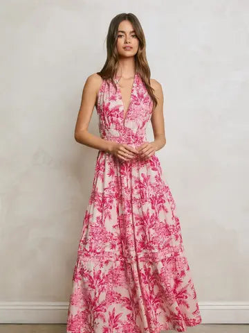 Conversational Open Back Halter Maxi Dress