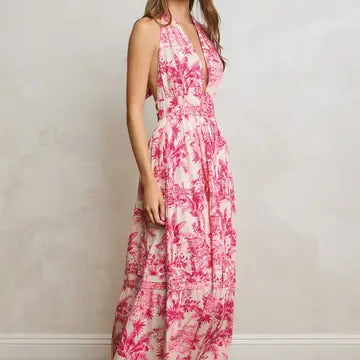Conversational Open Back Halter Maxi Dress
