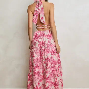 Conversational Open Back Halter Maxi Dress