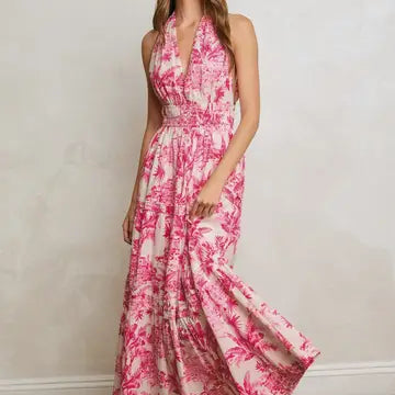 Conversational Open Back Halter Maxi Dress