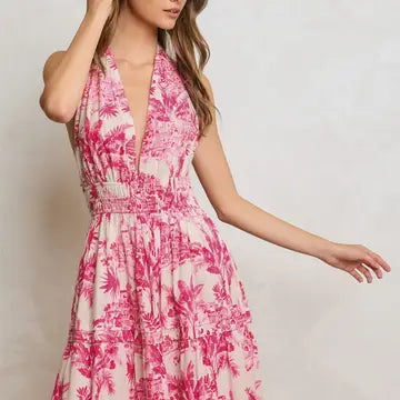 Conversational Open Back Halter Maxi Dress