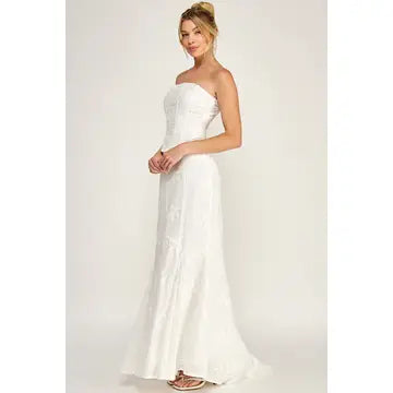 Eyelet Strapless Corset Lace- Up Maxi Dress
