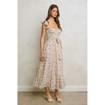 Floral Polka Dot Corset Flutter Dress