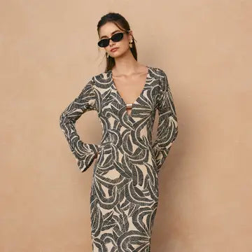 Tropical Leaf Gold Trim Bell Sleeve Maxi Dress
