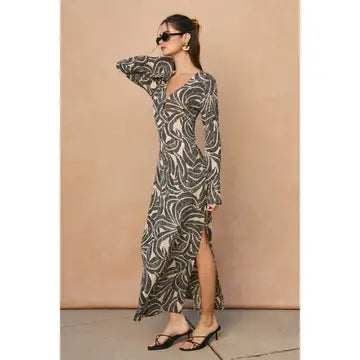 Tropical Leaf Gold Trim Bell Sleeve Maxi Dress
