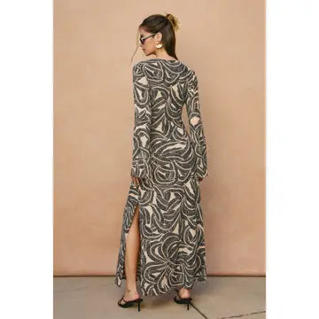 Tropical Leaf Gold Trim Bell Sleeve Maxi Dress