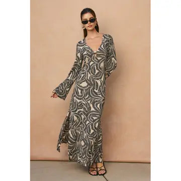 Tropical Leaf Gold Trim Bell Sleeve Maxi Dress