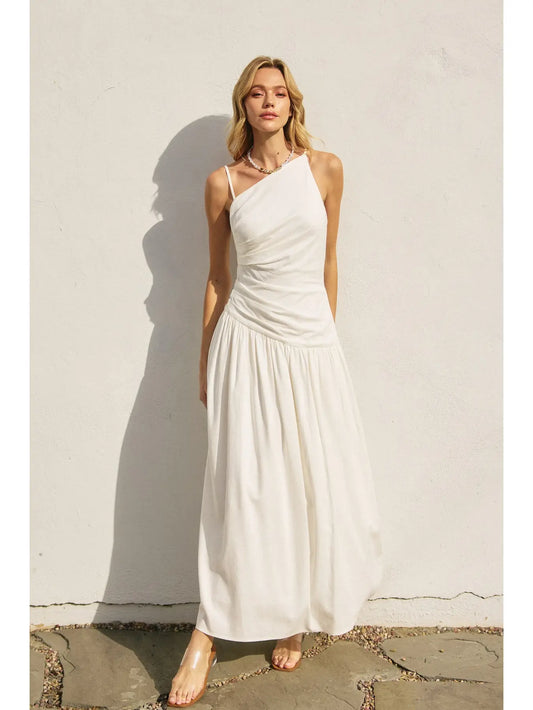 Linen Drop Waist Ruched Maxi Dress