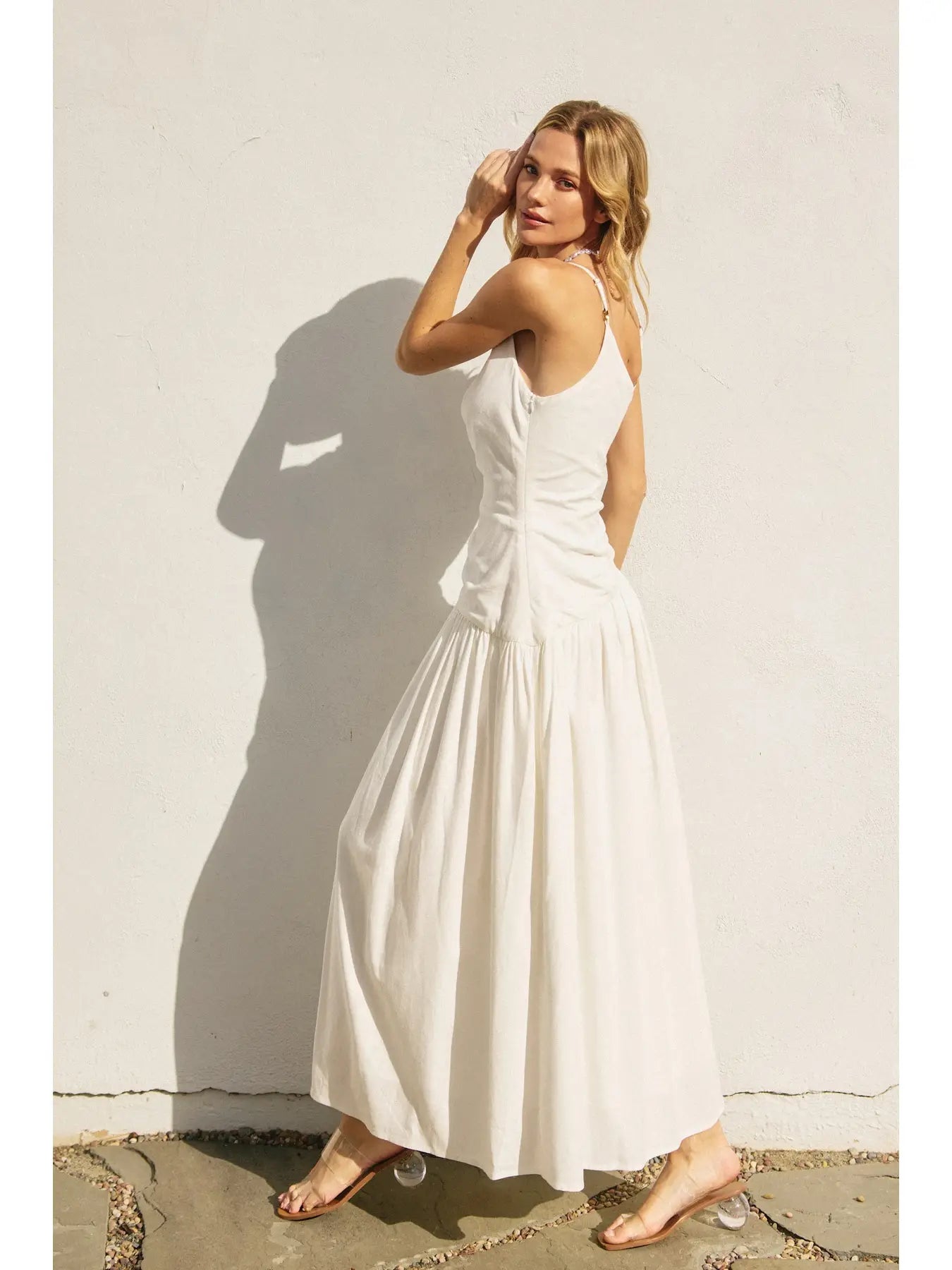 Linen Drop Waist Ruched Maxi Dress