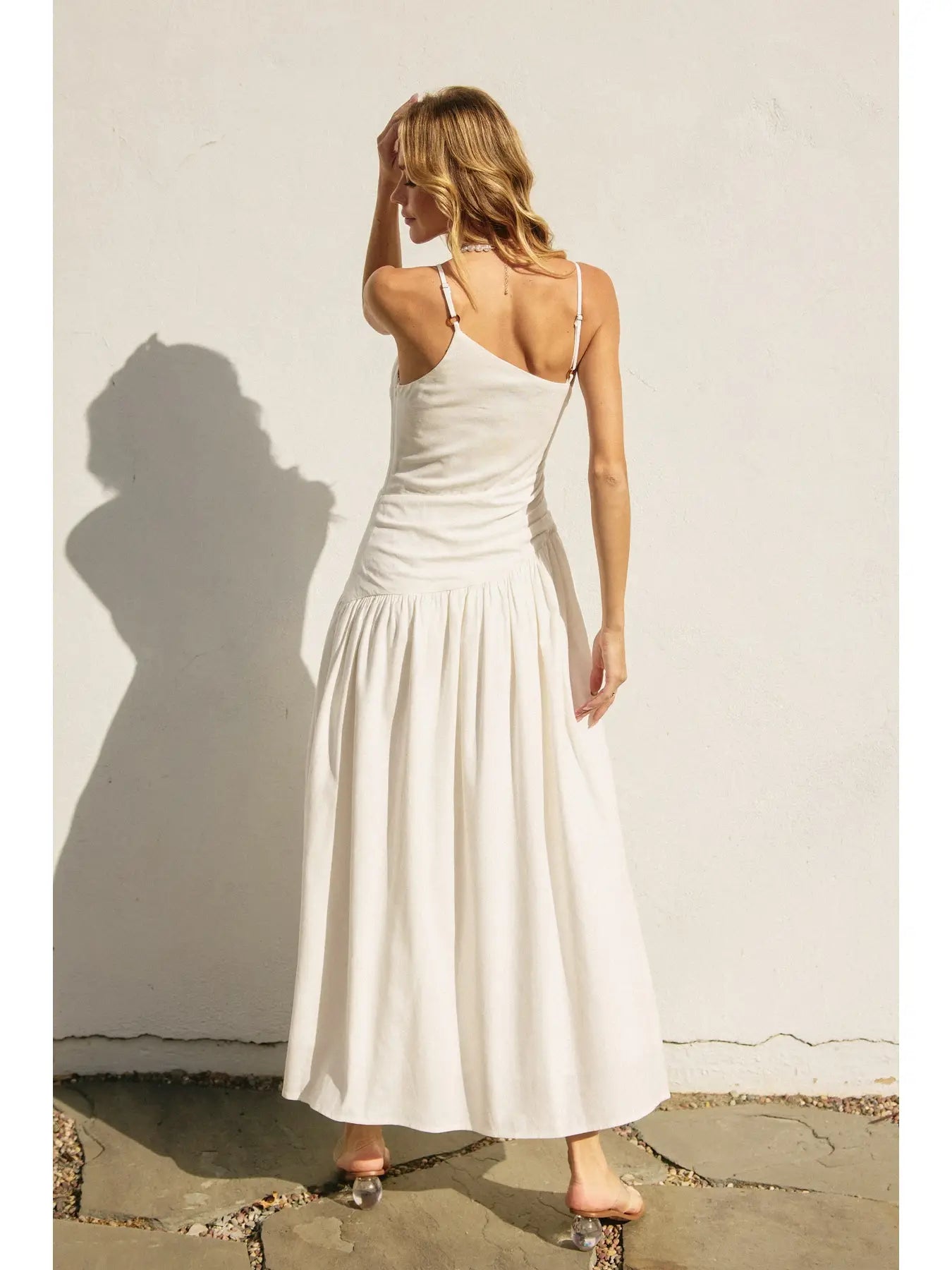 Linen Drop Waist Ruched Maxi Dress