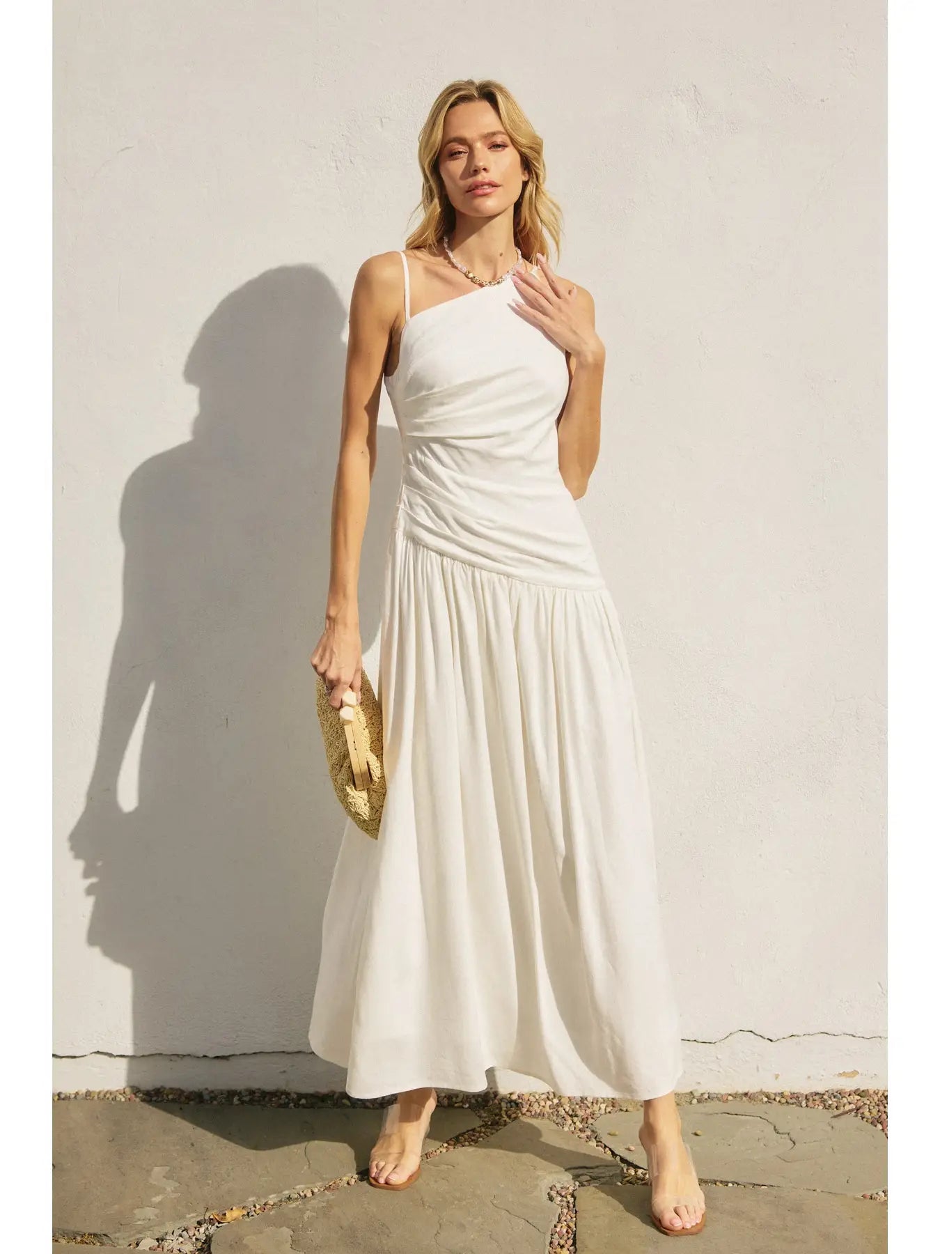 Linen Drop Waist Ruched Maxi Dress