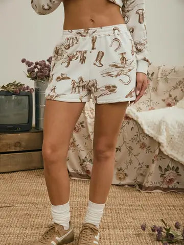 Western Print Elastic Waist Knit Shorts