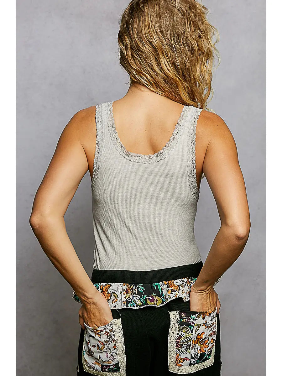 Ribbed Knit Lace Border Trim V Neck Sleeveless Top