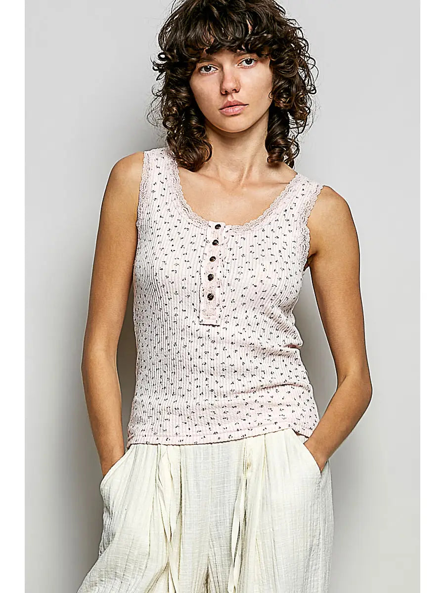Ribbed Knit Lace Border Trim V Neck Sleeveless Top