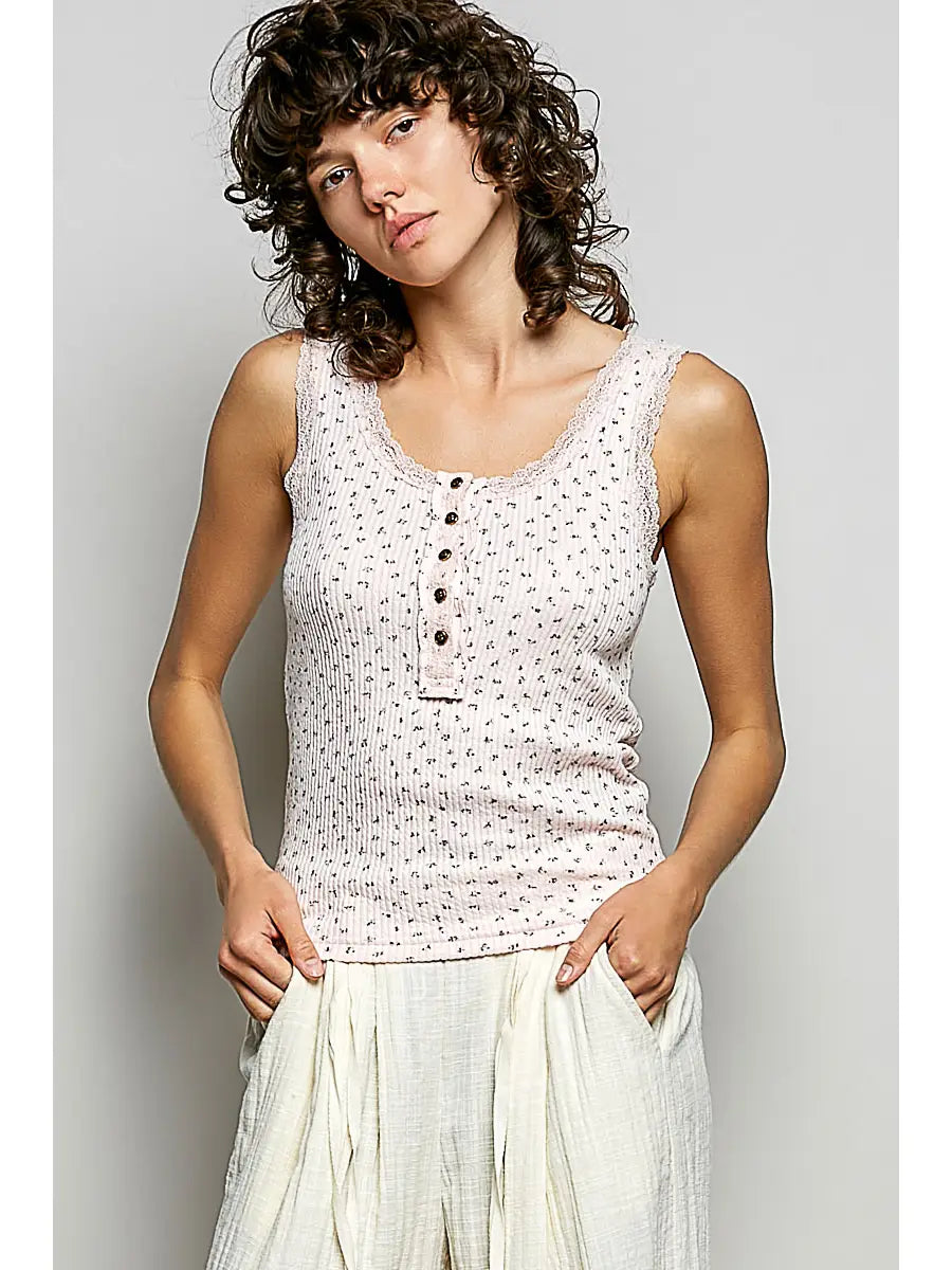Ribbed Knit Lace Border Trim V Neck Sleeveless Top