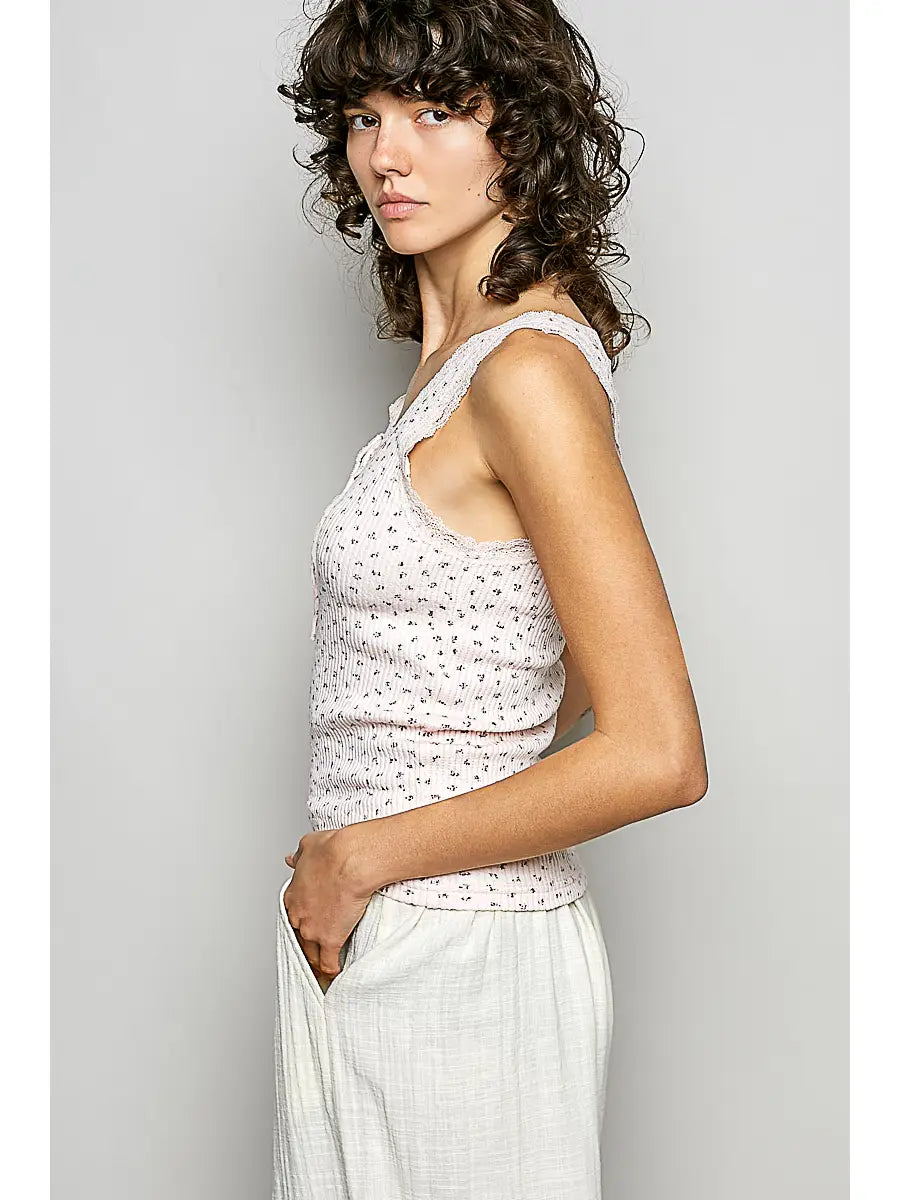 Ribbed Knit Lace Border Trim V Neck Sleeveless Top