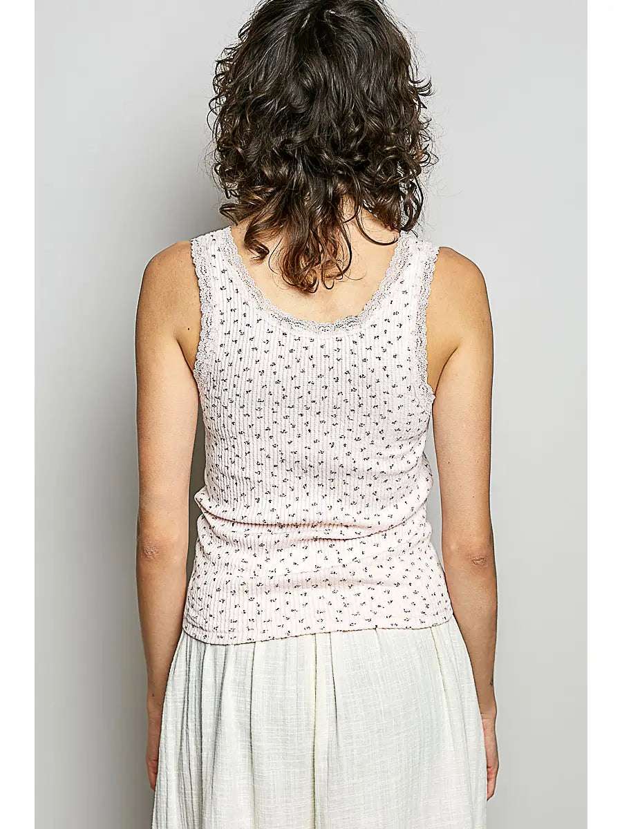 Ribbed Knit Lace Border Trim V Neck Sleeveless Top
