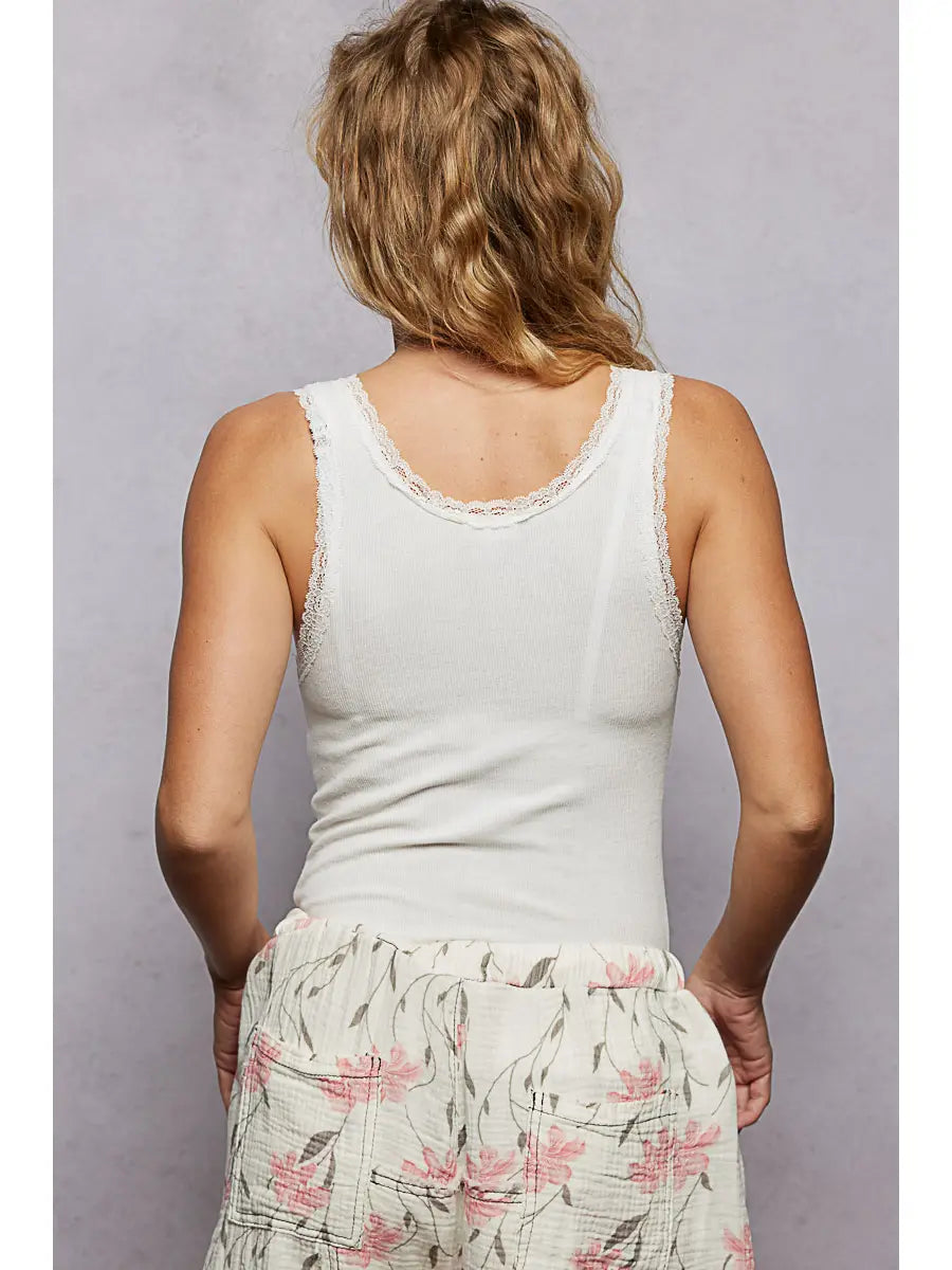 Ribbed Knit Lace Border Trim V Neck Sleeveless Top