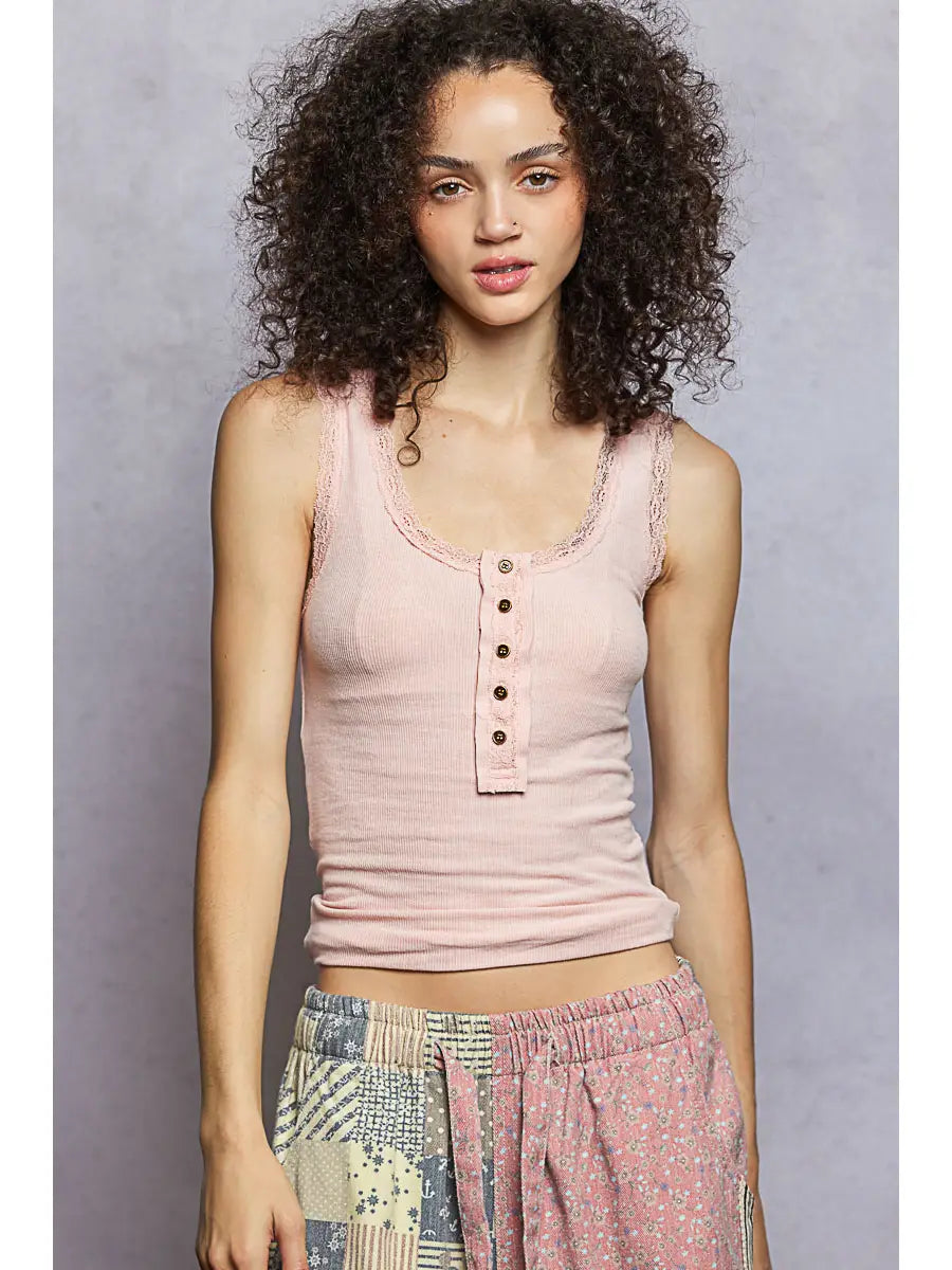 Ribbed Knit Lace Border Trim V Neck Sleeveless Top