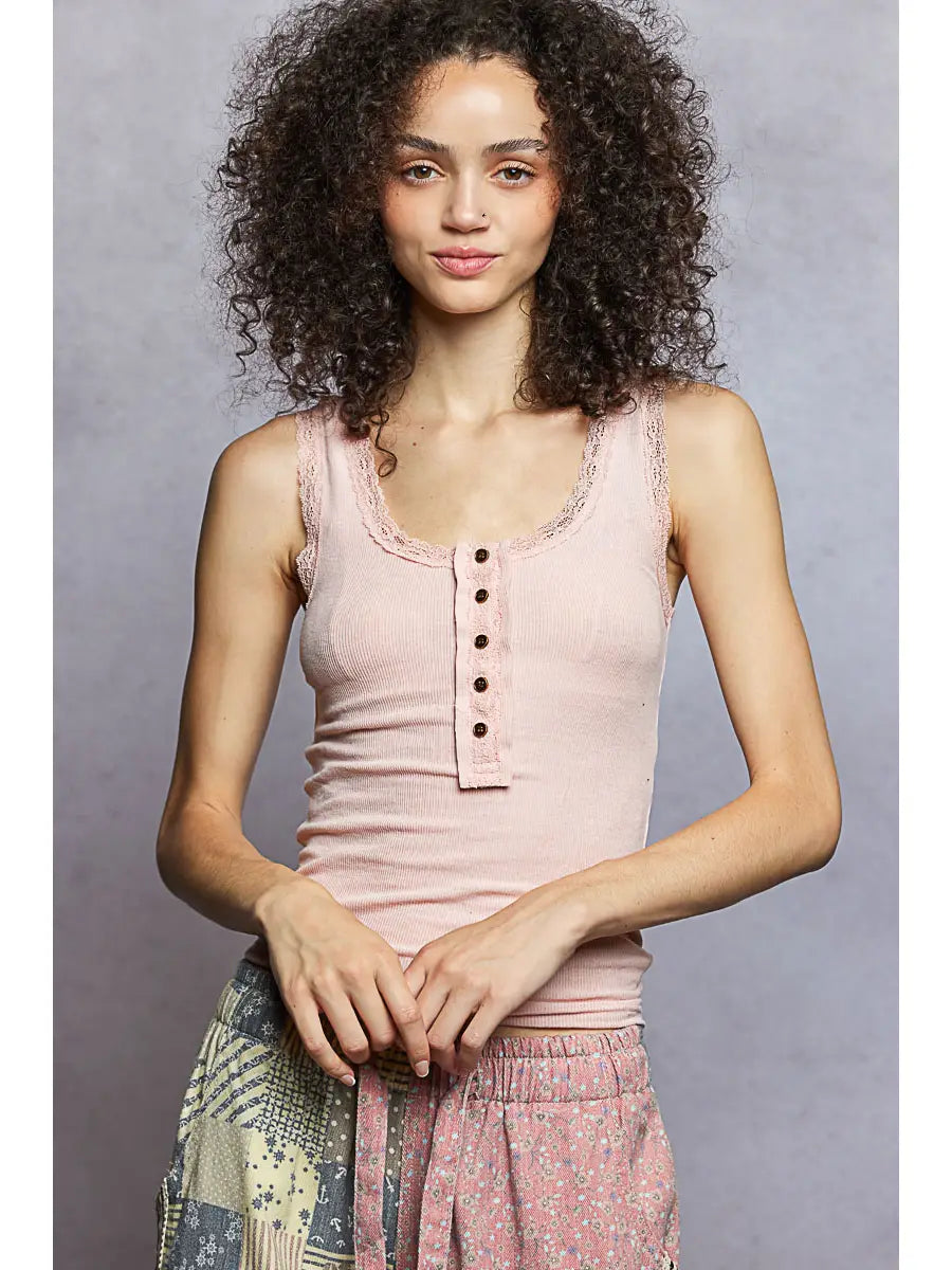 Ribbed Knit Lace Border Trim V Neck Sleeveless Top