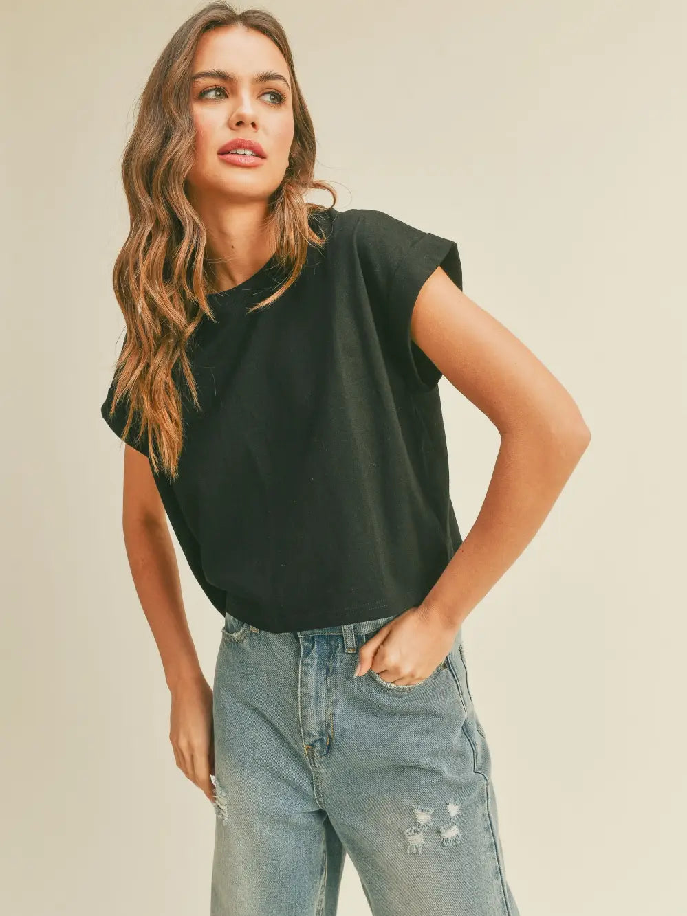 Round Neck Cuffed Sleeve Top