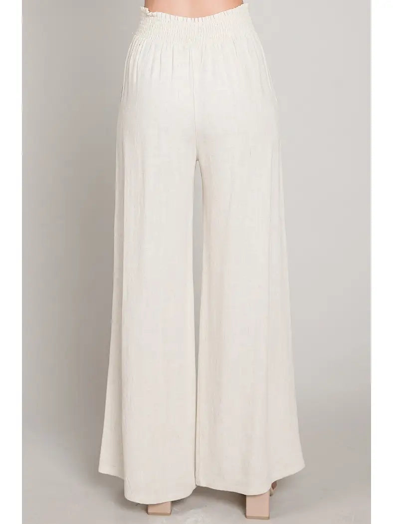 Soft Linen Smocked Waist Wide Leg Pants