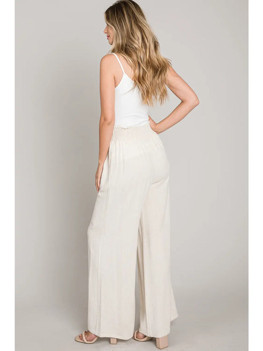 Soft Linen Smocked Waist Wide Leg Pants