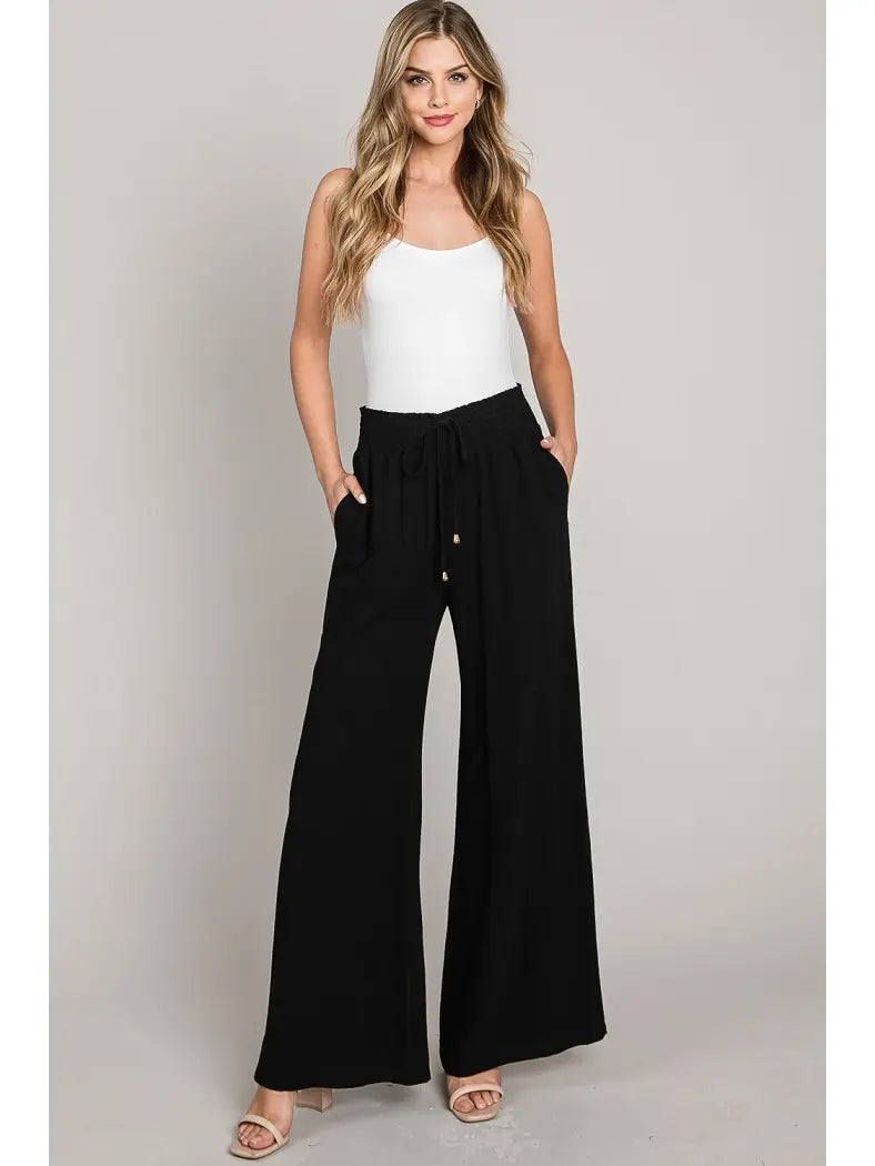 Soft Linen Smocked Waist Wide Leg Pants
