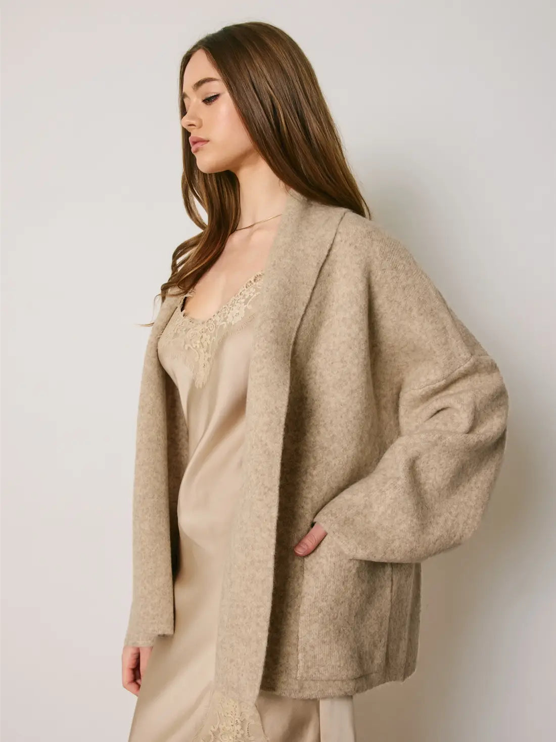 Relaxed Shawl Collar Open Front Cardigan