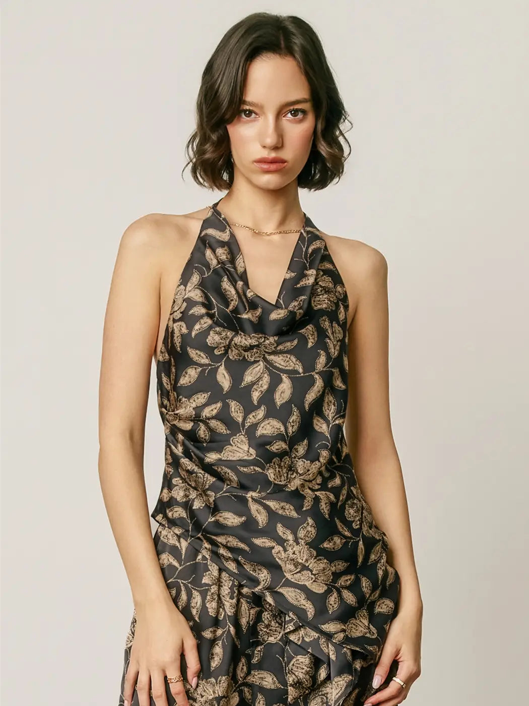 Botanical Satin Halter Cowl Neck Top