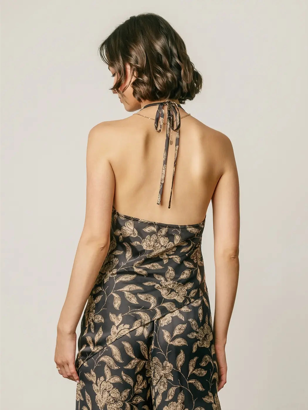 Botanical Satin Halter Cowl Neck Top