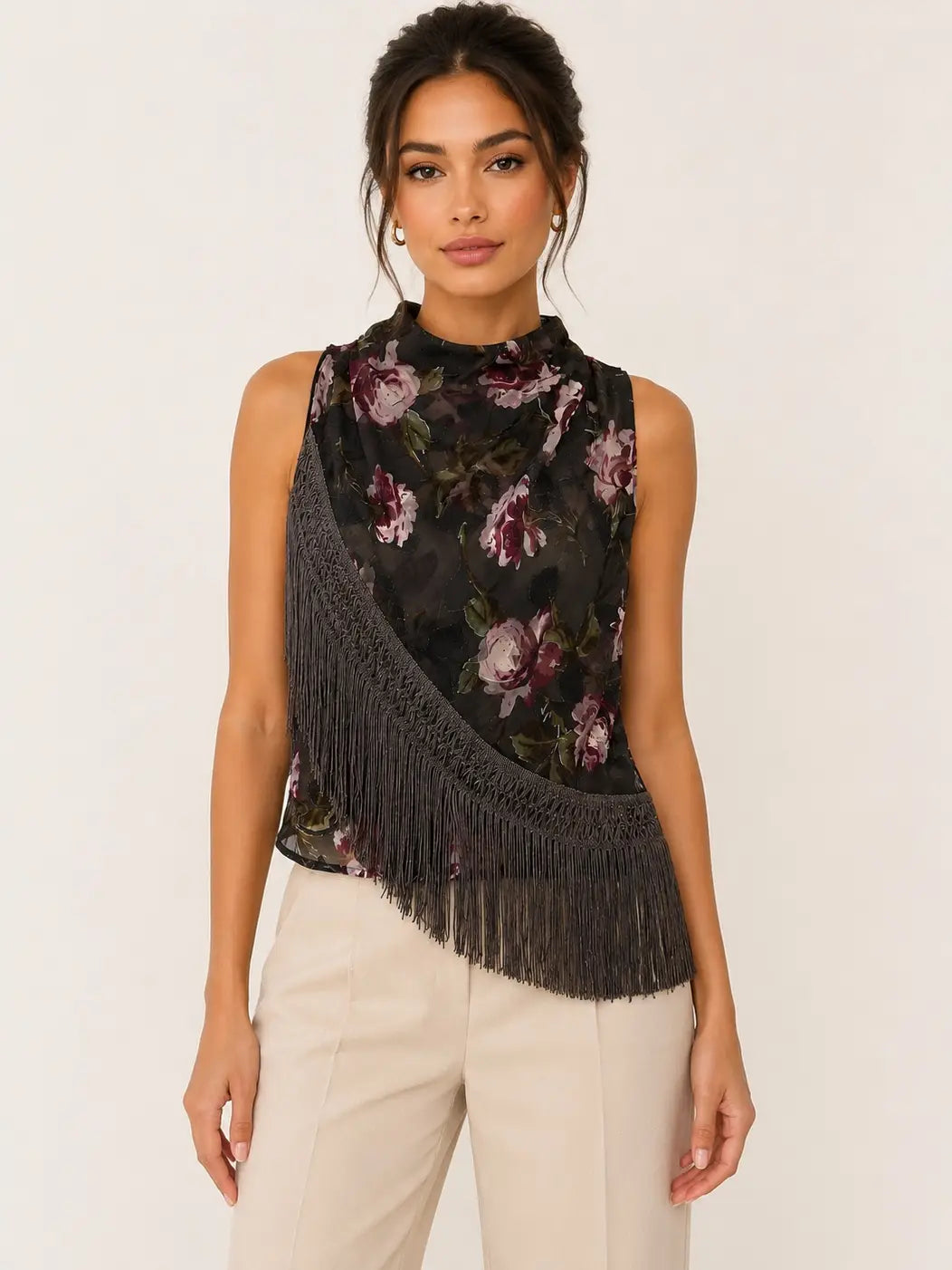 Ash Brown Fringe Cowl Neck Tank