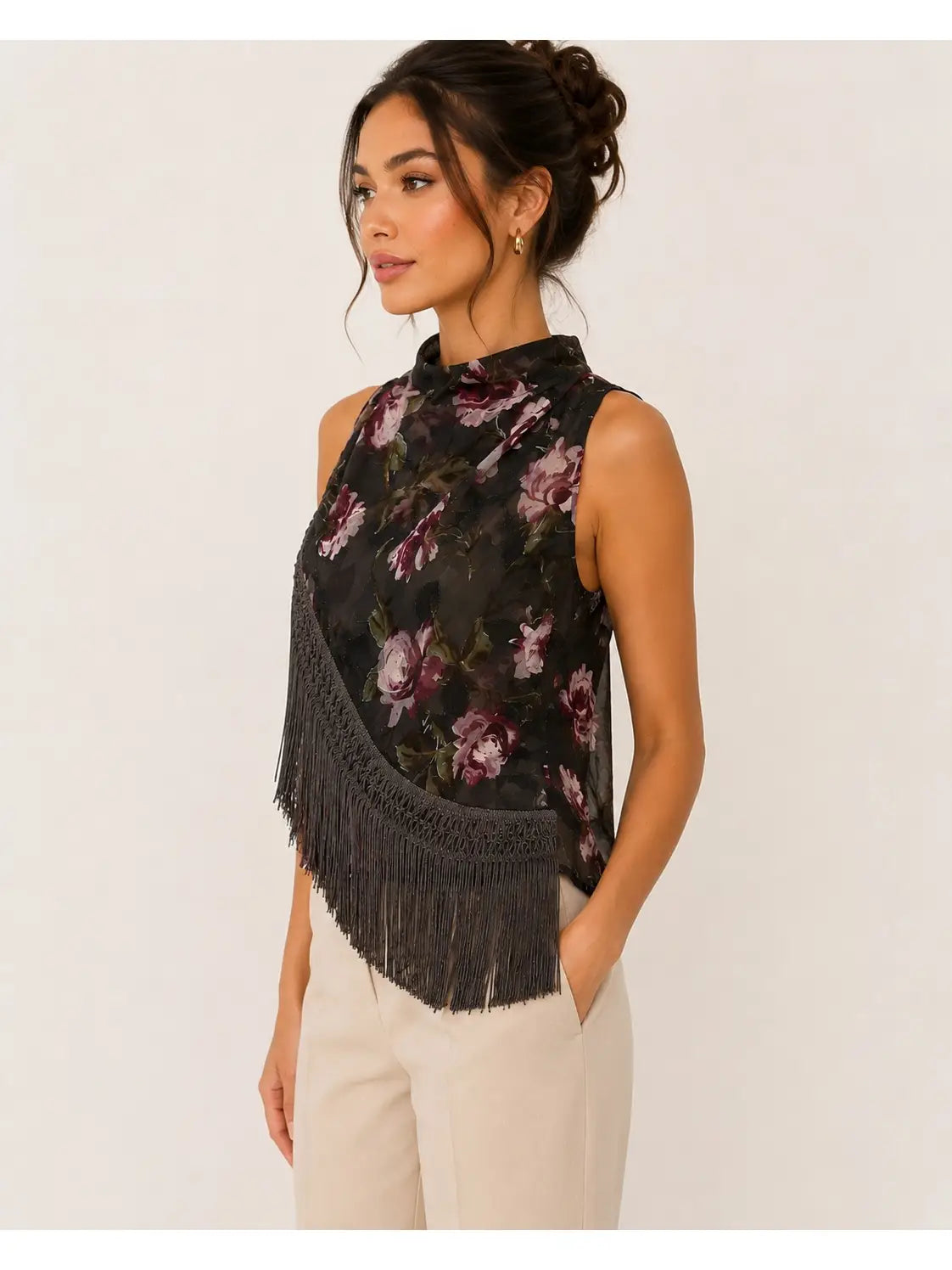 Ash Brown Fringe Cowl Neck Tank