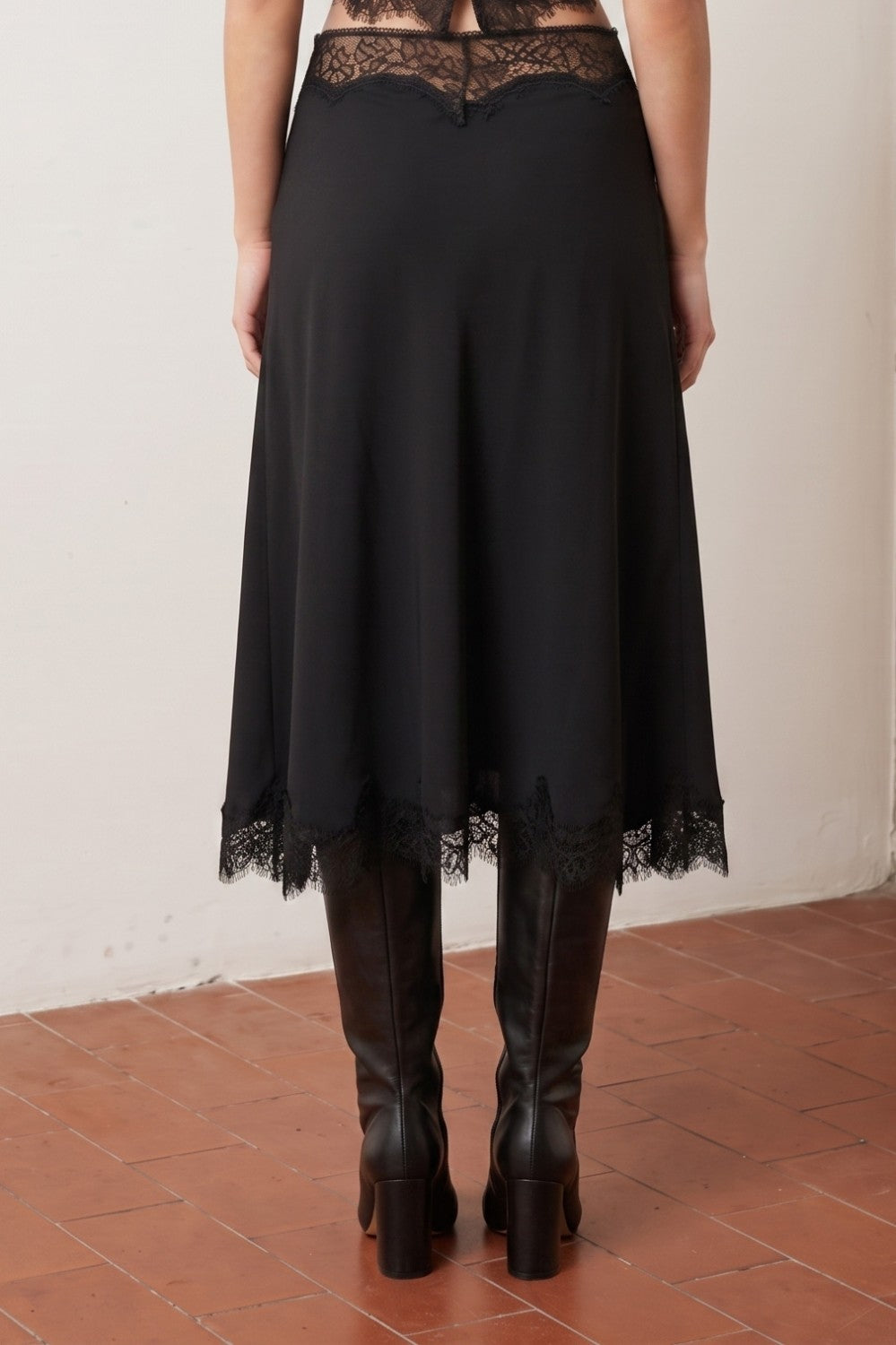 Lace Hem Twill Satin Skirt