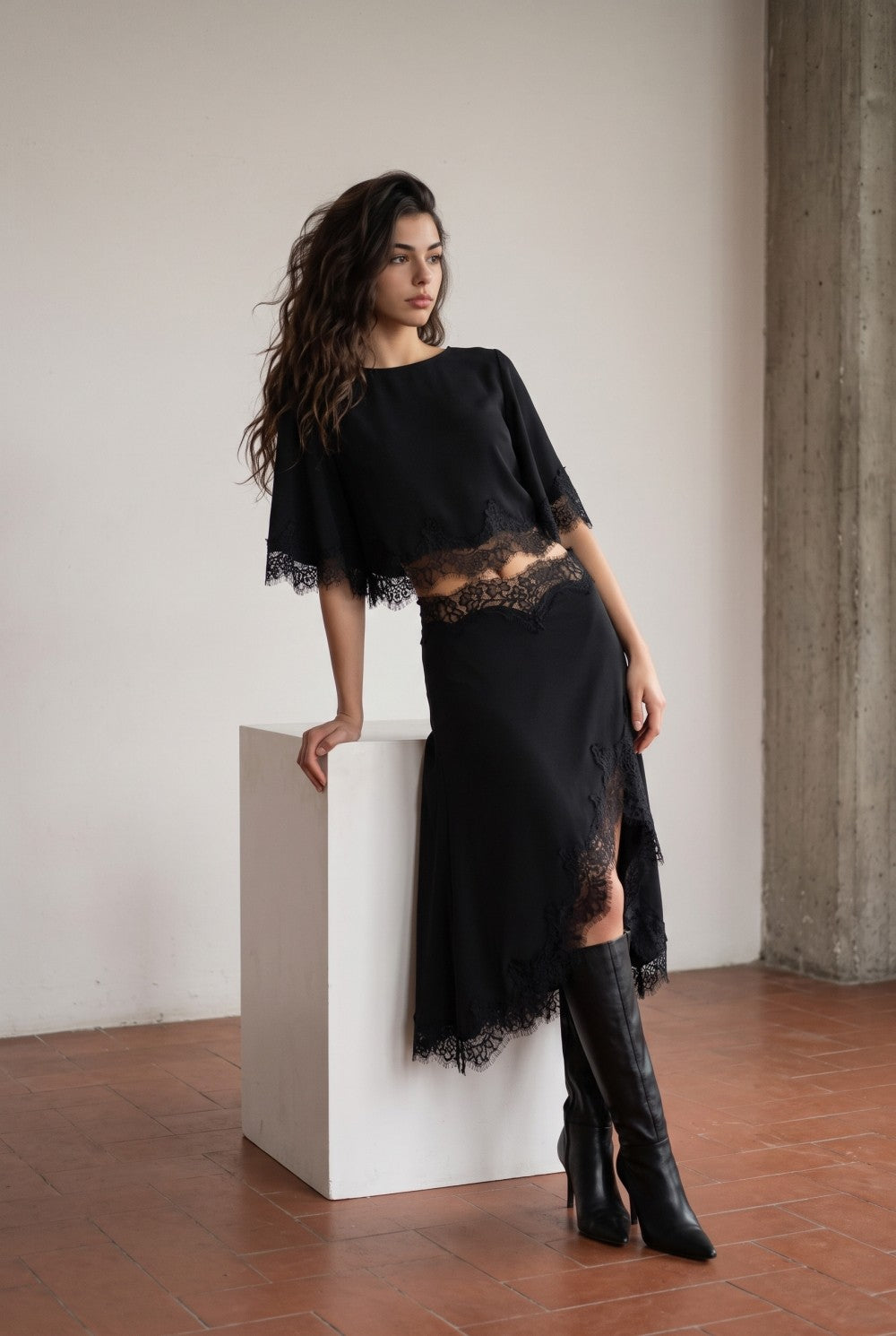 Lace Hem Twill Satin Cape Top