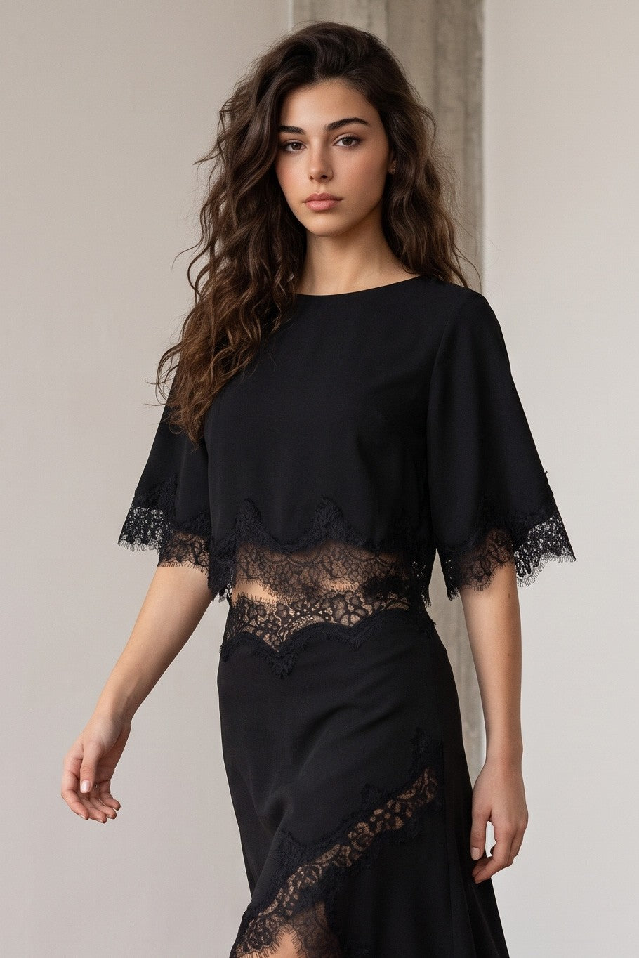 Lace Hem Twill Satin Cape Top