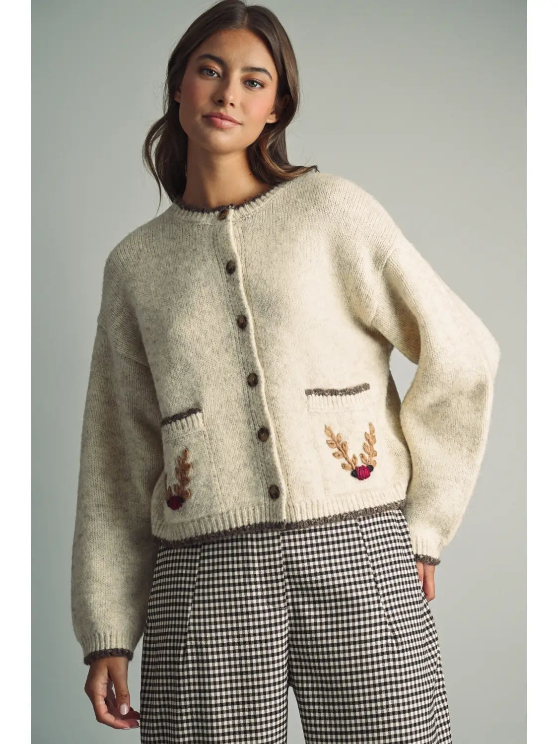 Cozy Knit Cardigan with Pocket Embroidery