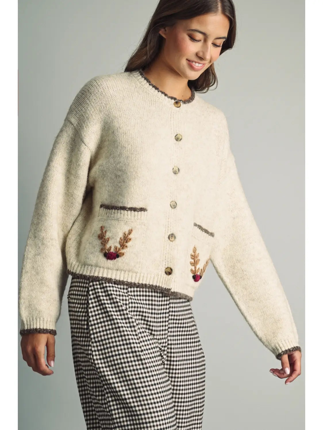 Cozy Knit Cardigan with Pocket Embroidery